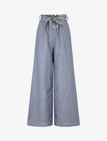 Pantalon ample à rayures et ceinture fantaisie - Bleu - 1