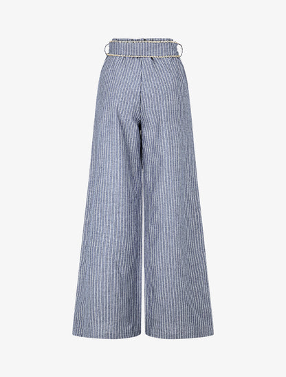 Pantalon ample à rayures et ceinture fantaisie - Bleu - 2