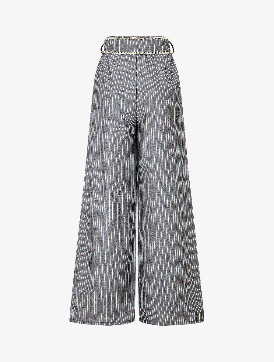 Pantalon ample à rayures et ceinture fantaisie - Gris - 2