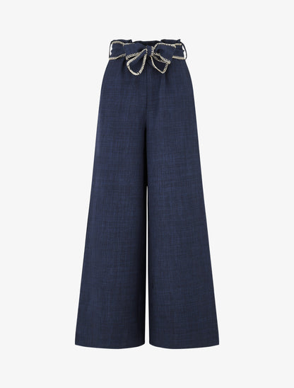 Pantalon ample taille haute à ceinture fantaisie - Marine - 1