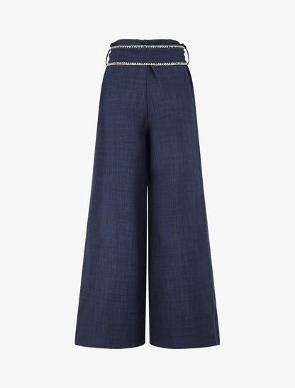 Pantalon ample taille haute à ceinture fantaisie - Marine - 2