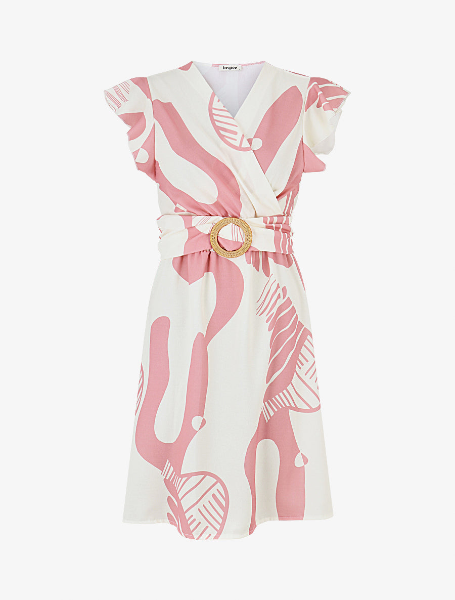 Robe élastiquée à manches volantées - Rose - 1