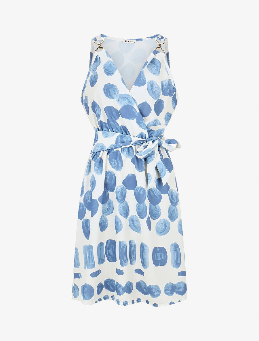 Robe mi-longue imprimé pois fantaisie et bretelles bijou - Bleu - 1
