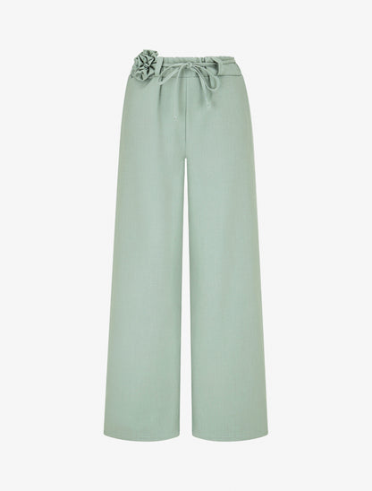 Pantalon droit taille haute à ceinture fleurie - Vert clair - 1