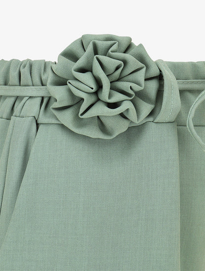 Pantalon droit taille haute à ceinture fleurie - Vert clair - 3