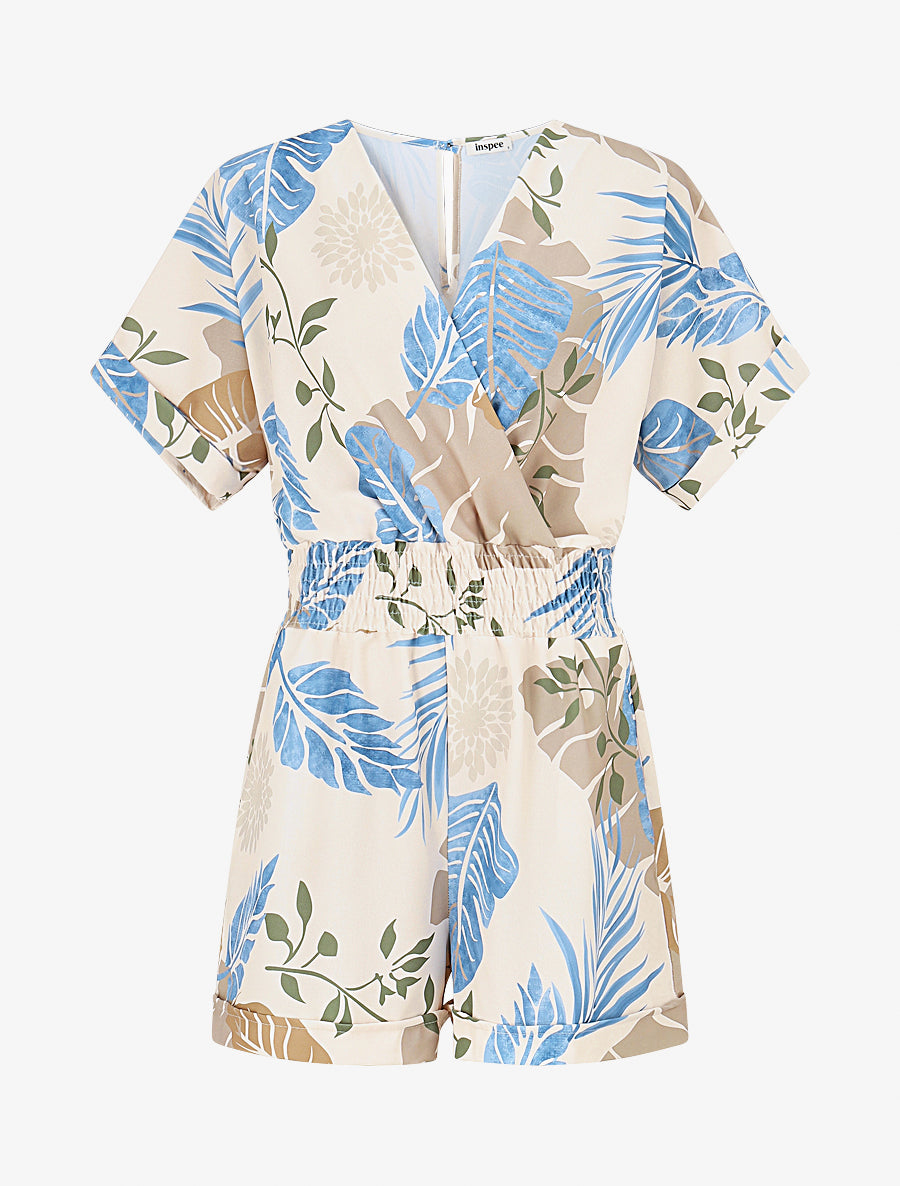 Combishort à imprimé tropical - Taupe/bleu - 1