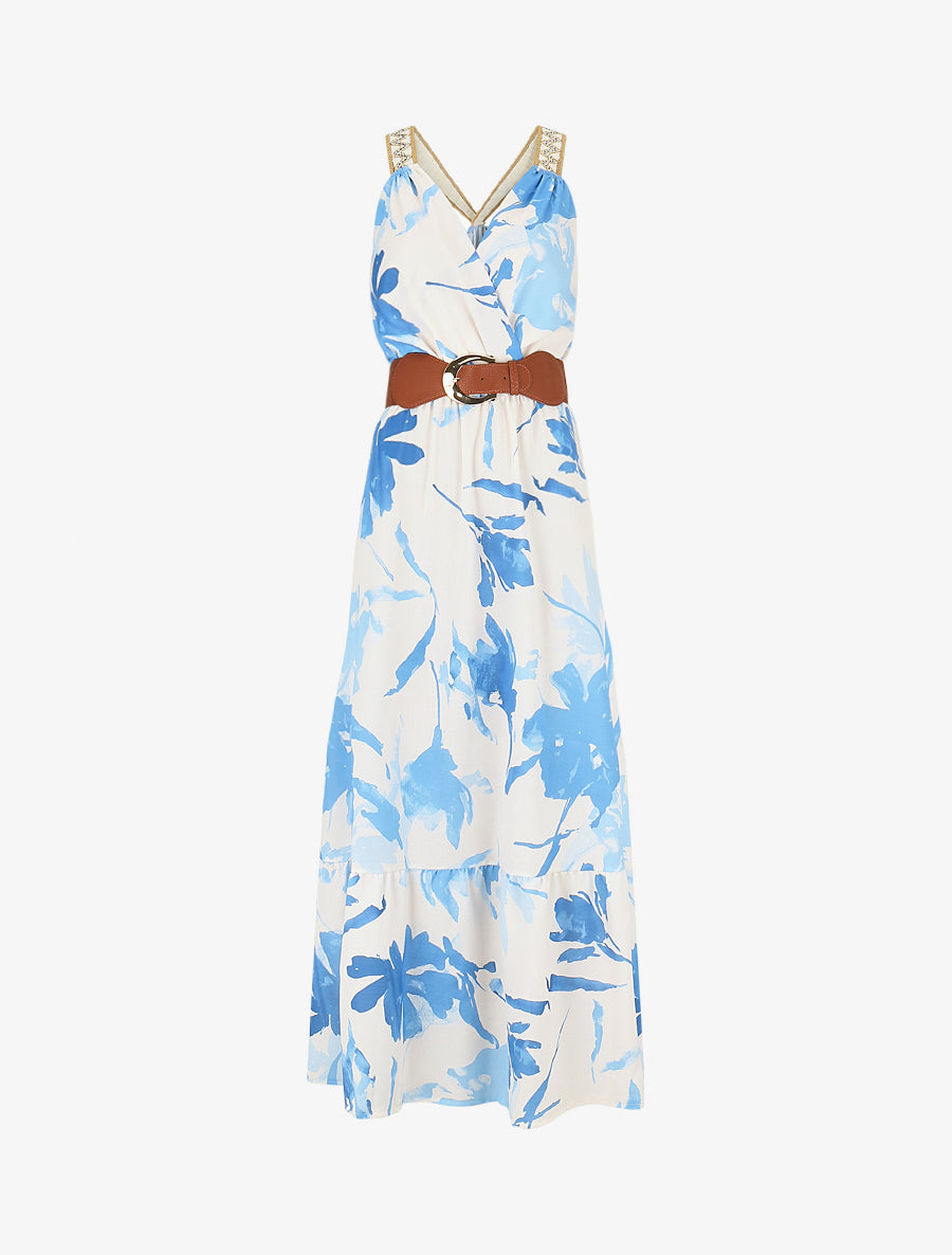 Robe longue élastiquée imprimé abstrait - Bleu - 1
