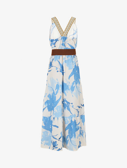Robe longue élastiquée imprimé abstrait - Bleu - 2