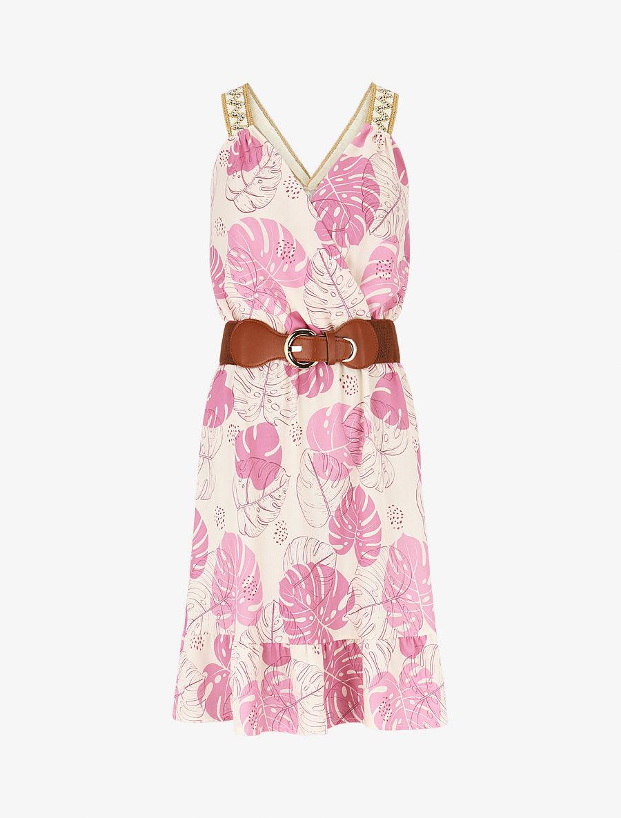 Robe mi-longue élastiquée imprimé feuilles - Vieux rose - 1
