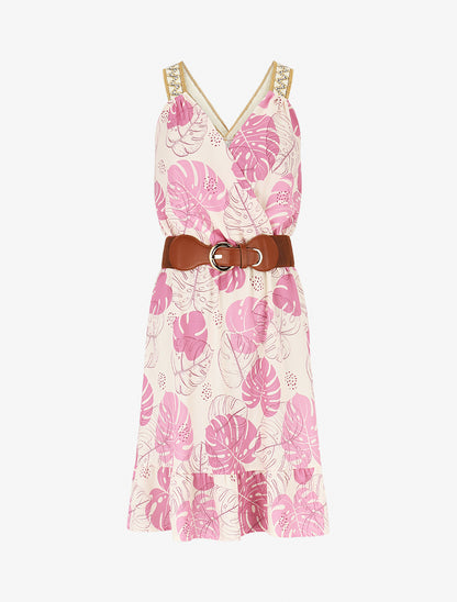 Robe mi-longue élastiquée imprimé feuilles - Vieux rose - 1