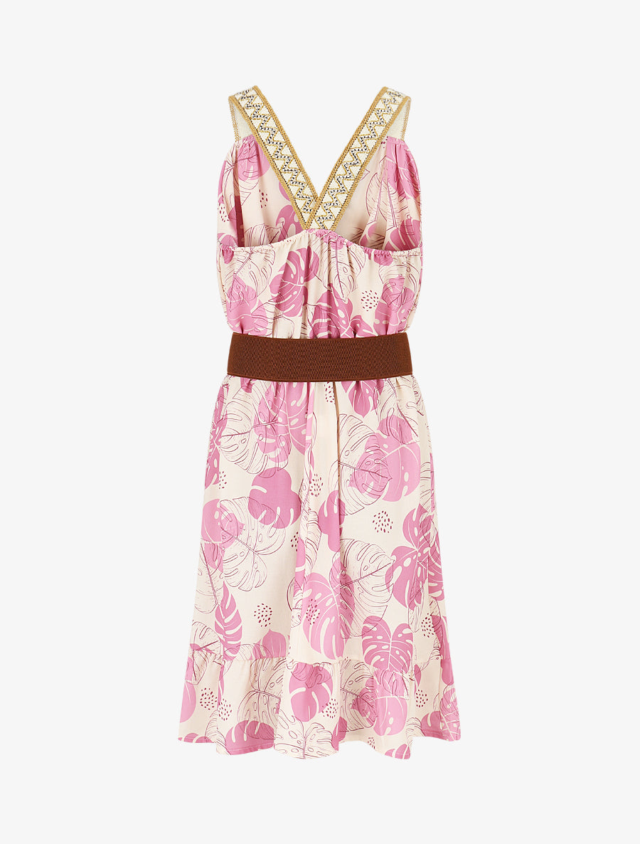 Robe mi-longue élastiquée imprimé feuilles - Vieux rose - 2