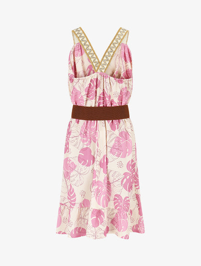 Robe mi-longue élastiquée imprimé feuilles - Vieux rose - 2