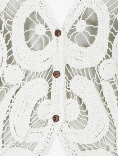 Gilet mi-long en crochet - Blanc - 3