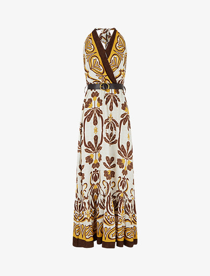 Robe longue élastiquée à nouer à la nuque - Camel - 1