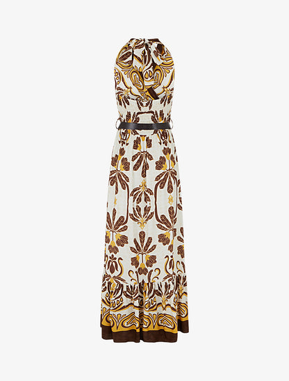 Robe longue élastiquée à nouer à la nuque - Camel - 2