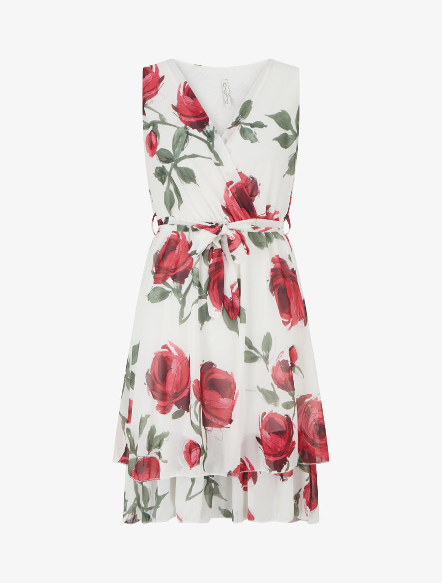 Robe patineuse sans manches imprimé roses - Rouge - 1