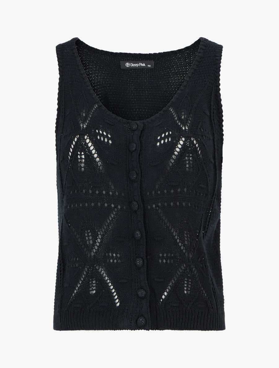 Top boutonné en maille ajourée - Noir - 1