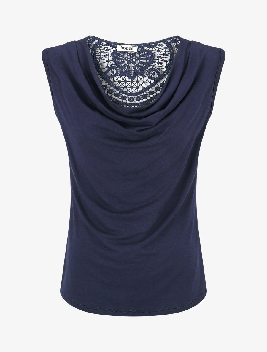 Top sin mangas con cuello drapeado y espalda de encaje - Marino