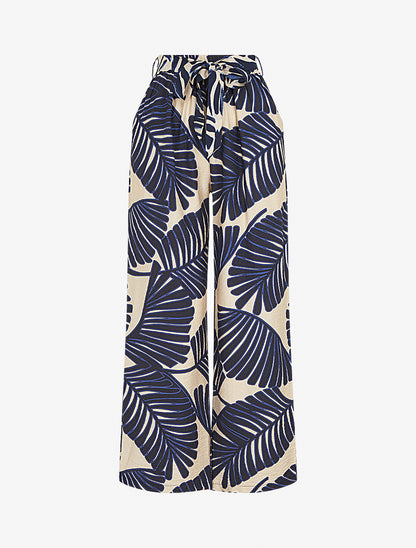 Pantalon imprimé feuillage à taille haute élastiquée - Marine - 1