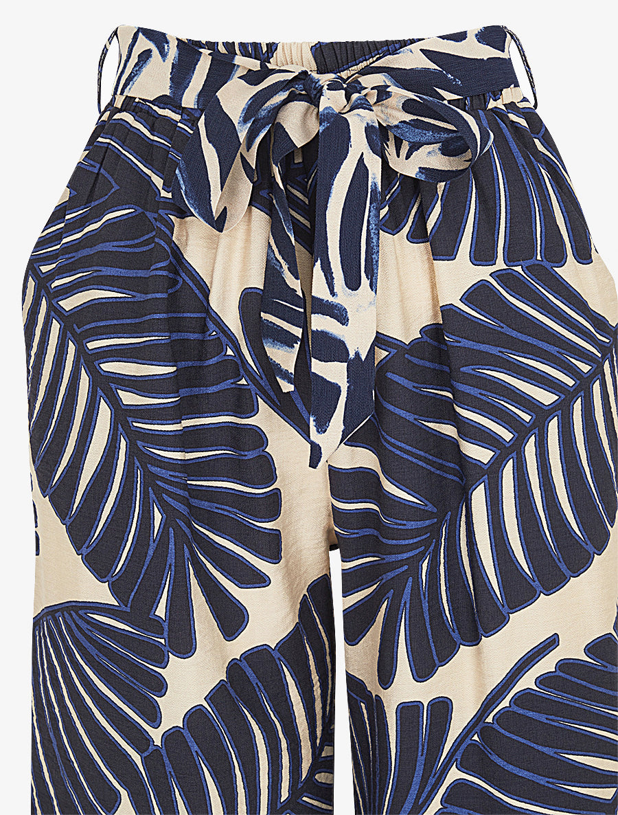 Pantalon imprimé feuillage à taille haute élastiquée - Marine - 3