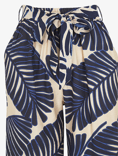 Pantalon imprimé feuillage à taille haute élastiquée - Marine - 3