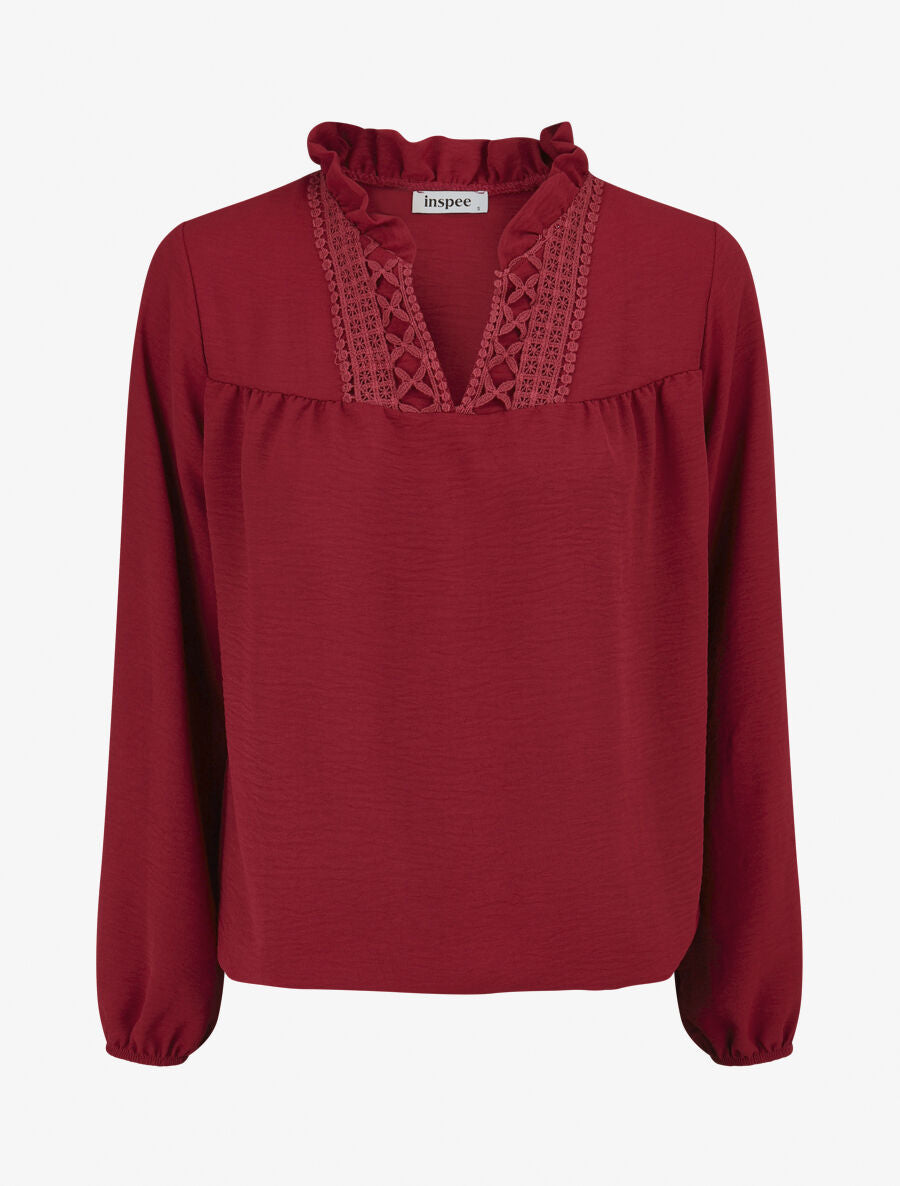 Blouse fluide à col V brodé - Bordeaux - 1