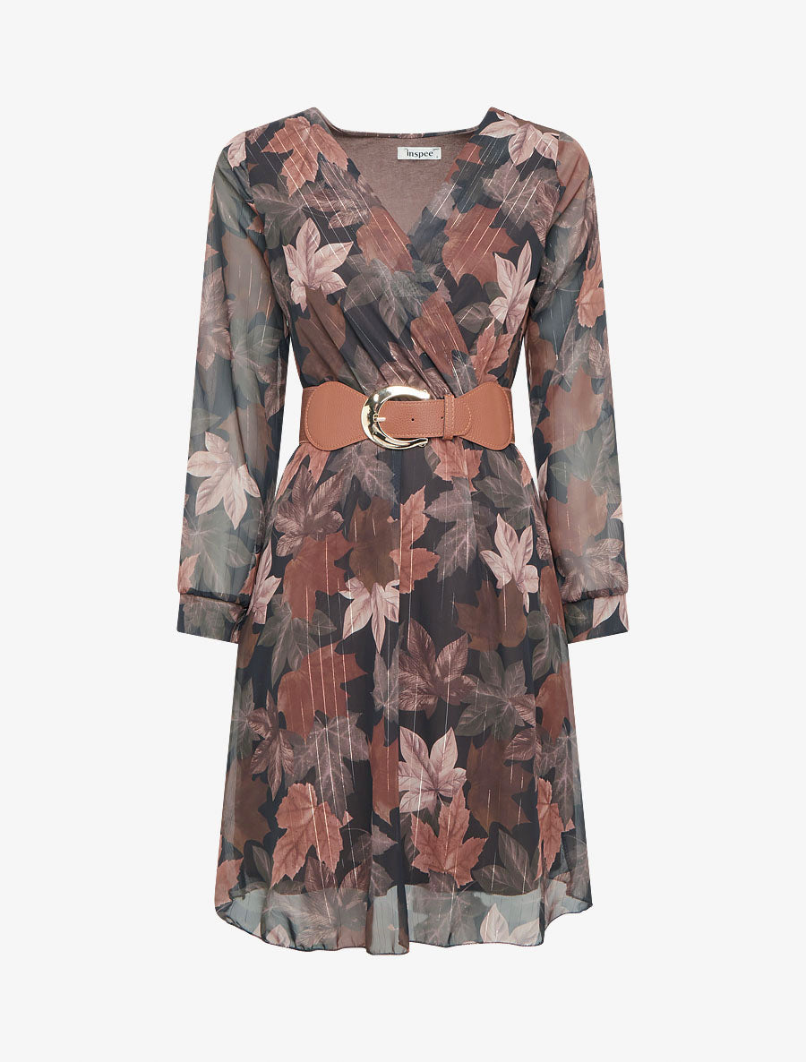 Robe mi-longue évasée imprimé feuilles - Marron - 1