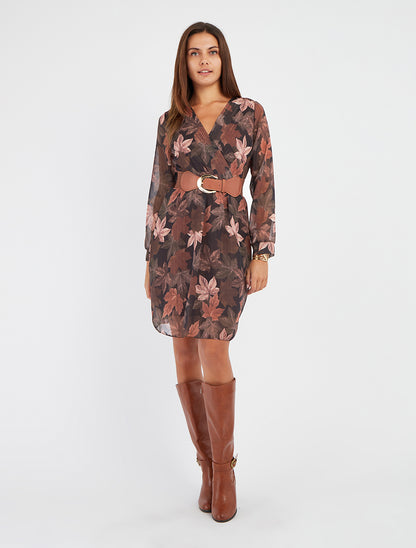 Vestido midi evasé estampado de hojas - Marrón