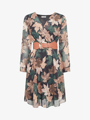 Robe mi-longue évasée imprimé feuilles - Vert foncé - 1