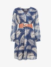 Robe mi-longue évasée imprimé feuilles tropicales - Marine - 1