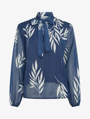 Top lavallière en voile imprimé feuilles - Marine - 1