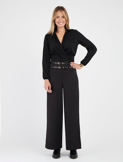 Crop top cruzado liso y satinado - Negro