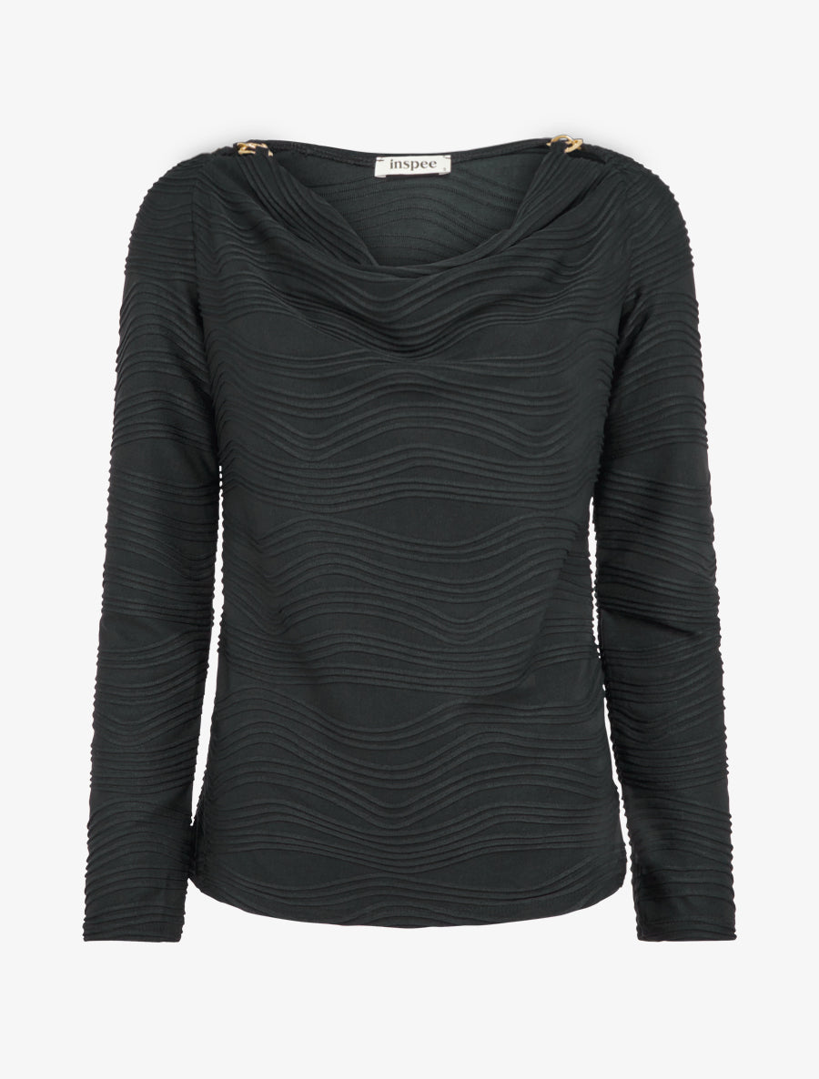 Top texturé à col bénitier et bijou - Noir - 1