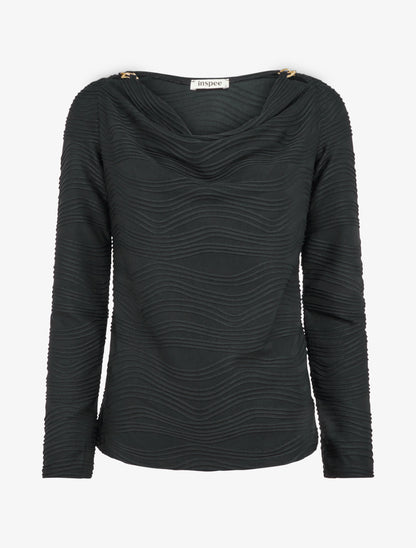 Top texturé à col bénitier et bijou - Noir - 1