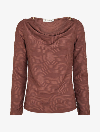 Top texturé à col bénitier et bijou - Marron - 1