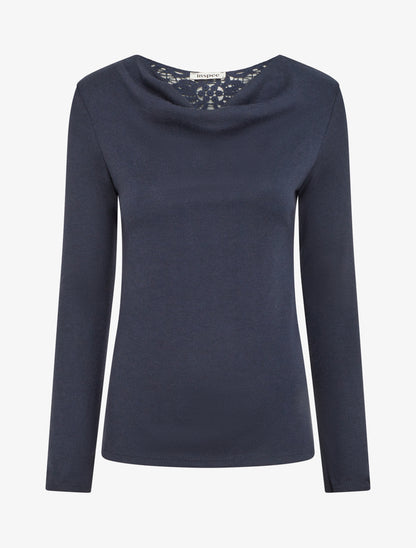 Pull à col bénitier et dos en crochet - Marine - 1