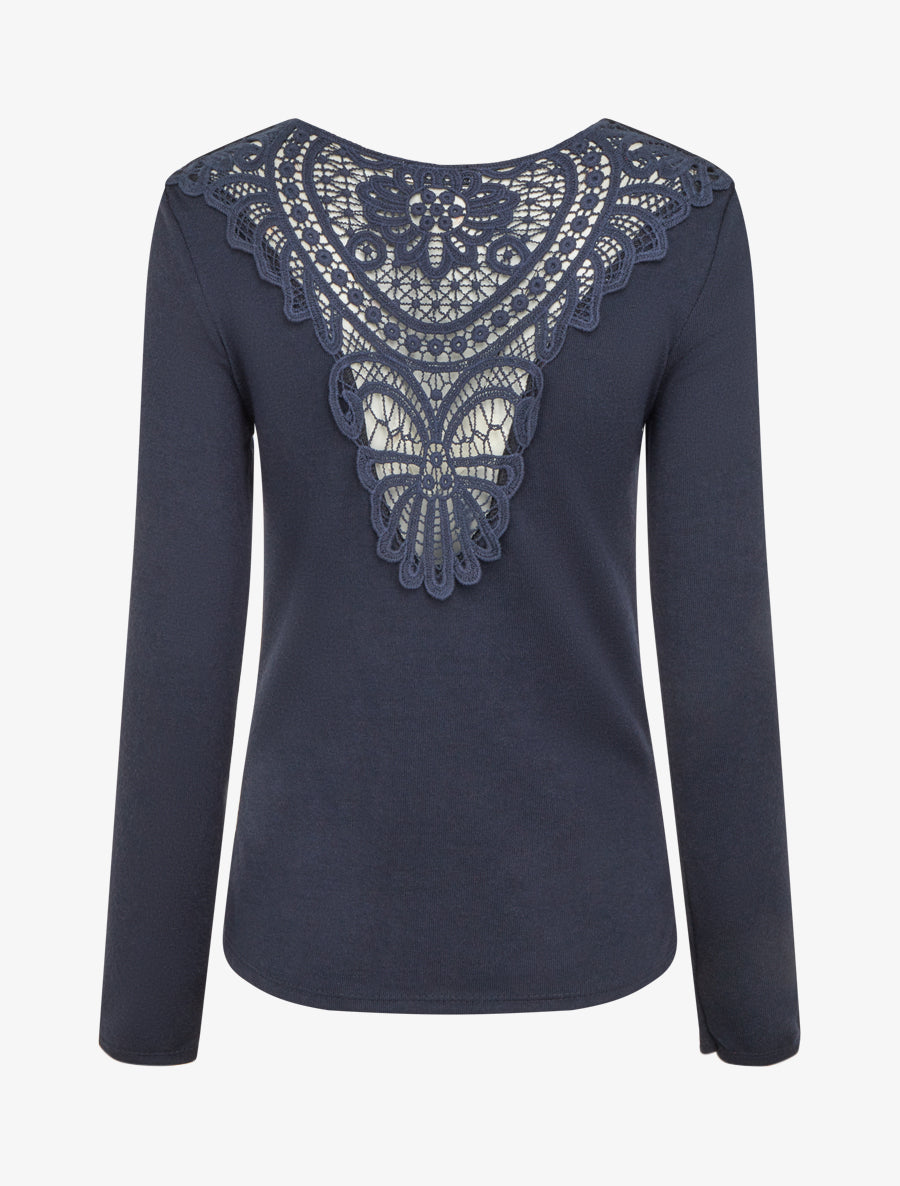 Pull à col bénitier et dos en crochet - Marine - 2