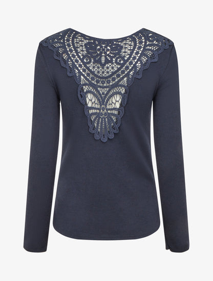 Pull à col bénitier et dos en crochet - Marine - 2