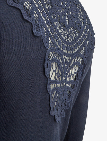 Pull à col bénitier et dos en crochet - Marine - 3