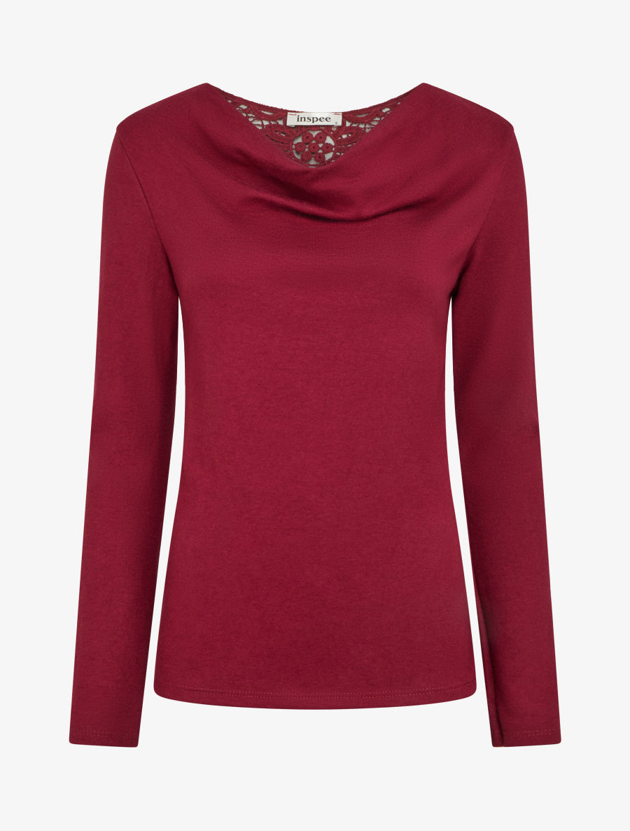 Jersey con cuello drapeado y espalda de crochet. - Burdeos