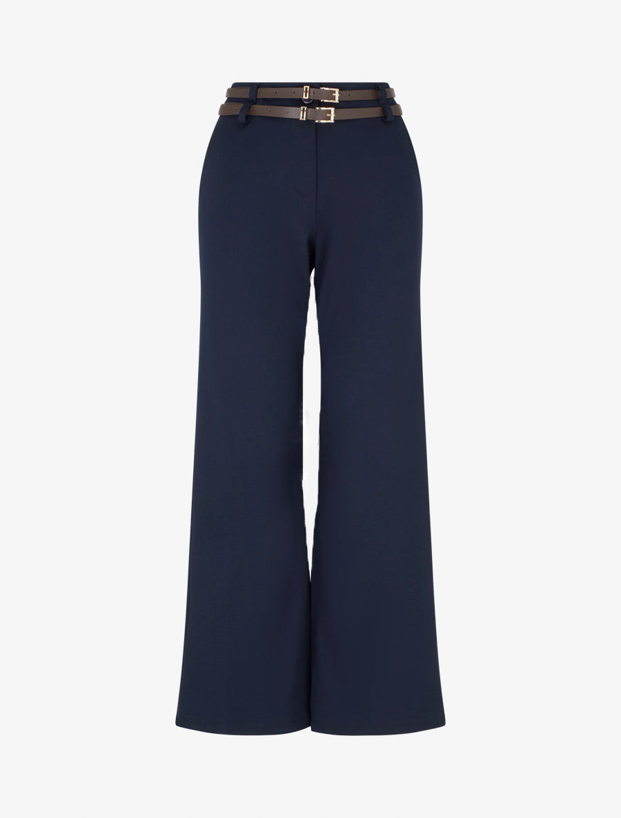 Pantalon droit taille haute à double ceinture - Marine - 1