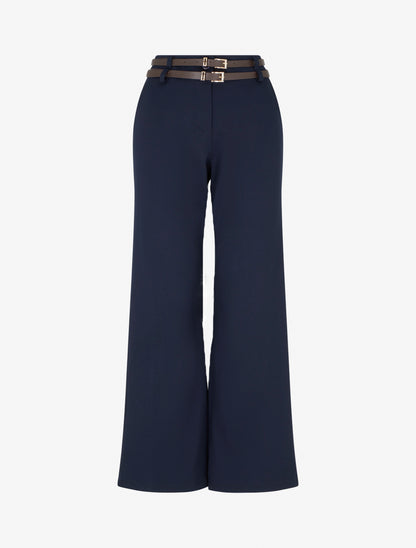 Pantalon droit taille haute à double ceinture - Marine - 1