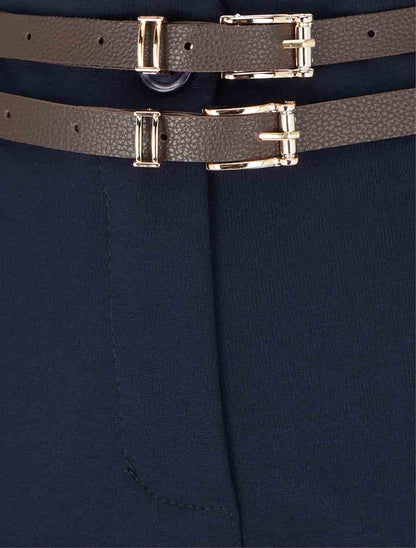 Pantalon droit taille haute à double ceinture - Marine - 3