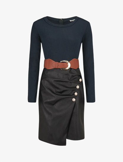 Robe bimatière jupe plissé à boutons - Marine - 1