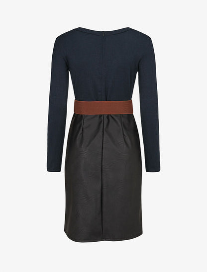 Robe bimatière jupe plissé à boutons - Marine - 2