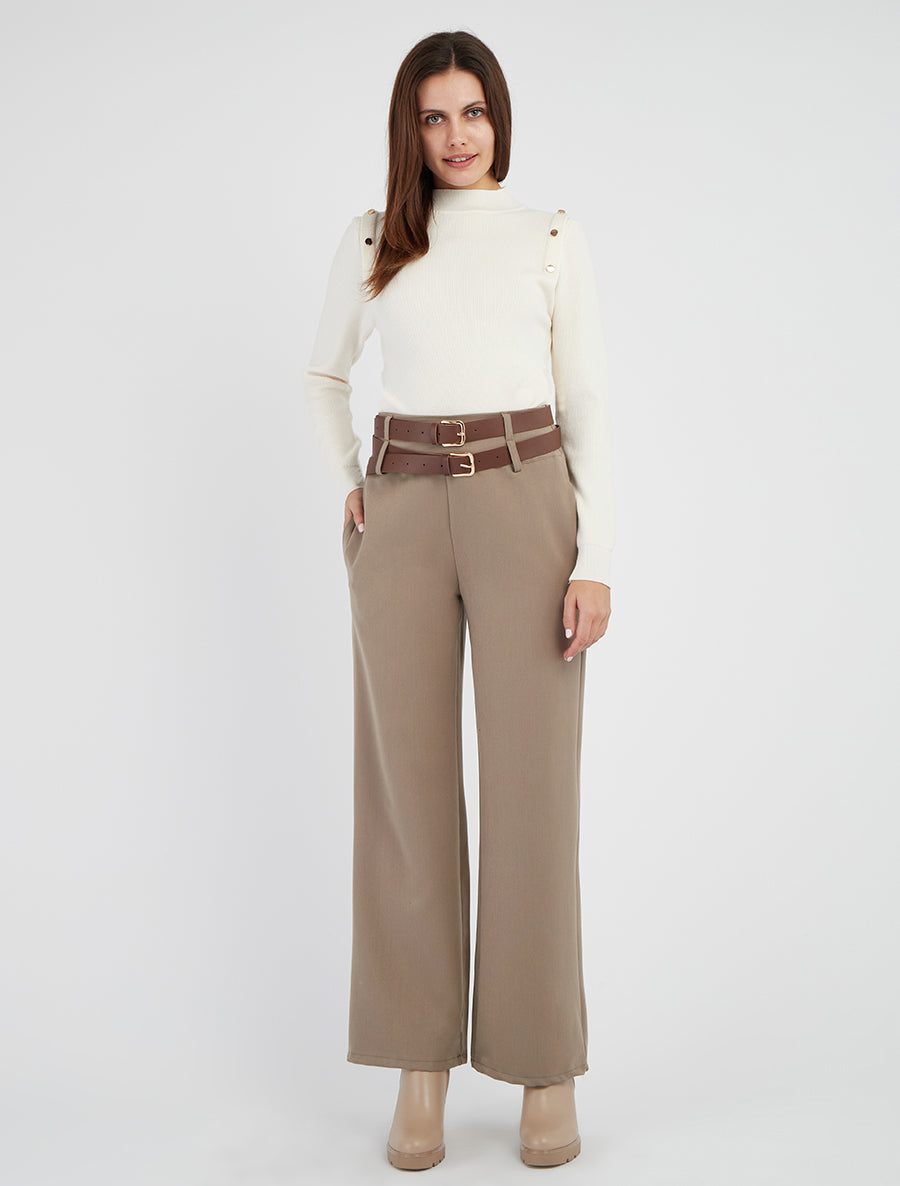 Pantalón recto con doble cinturón - Topo claro