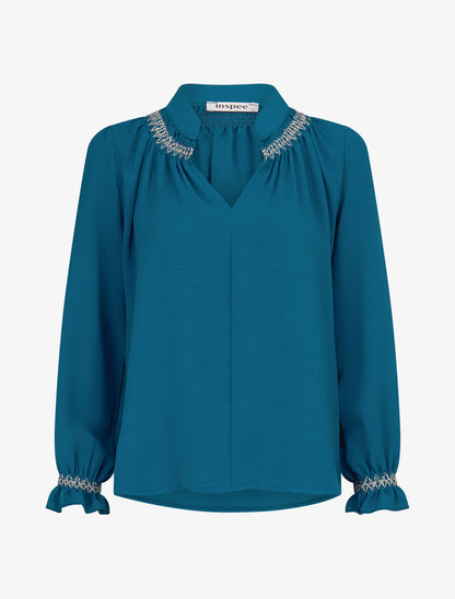 Blouse droite à détail brodé - Bleu canard - 4