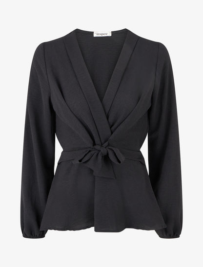 Blouse unie élastiquée à col cache coeur - Noir - 1