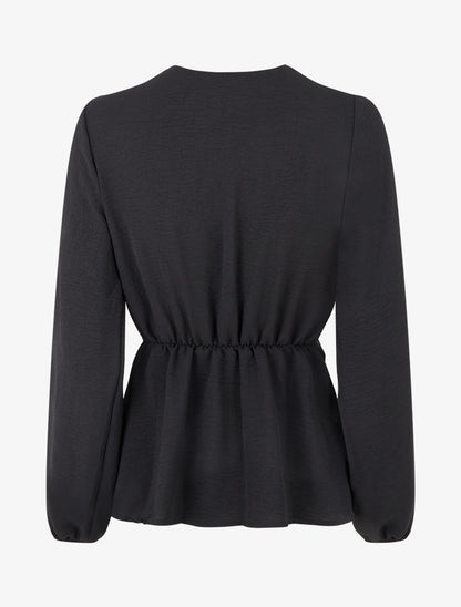 Blouse unie élastiquée à col cache coeur - Noir - 2