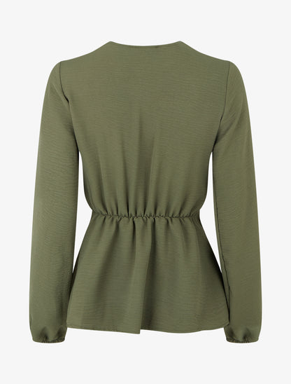Blouse unie élastiquée à col cache coeur - Kaki - 2